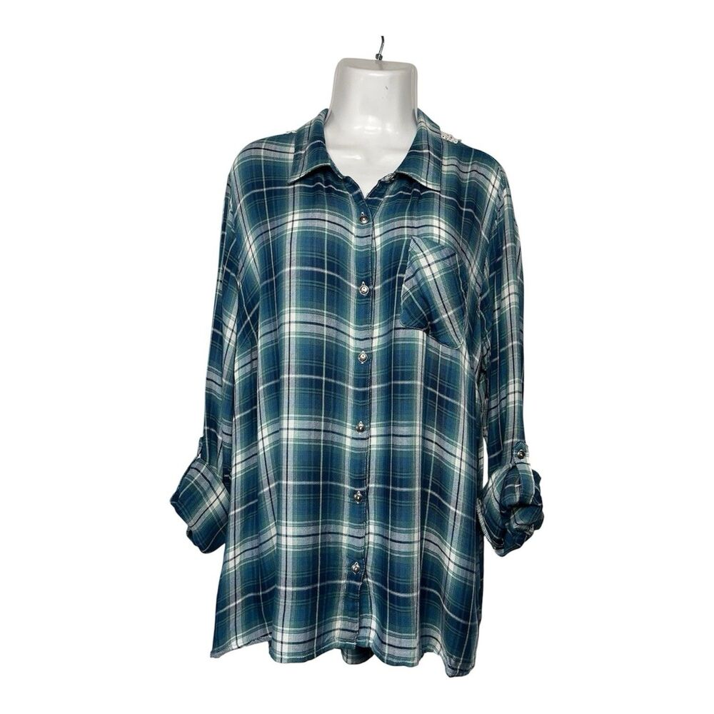 Country Living Flannel Shirt Teal XXL Button Up Plaid Top Lace Back Country core
